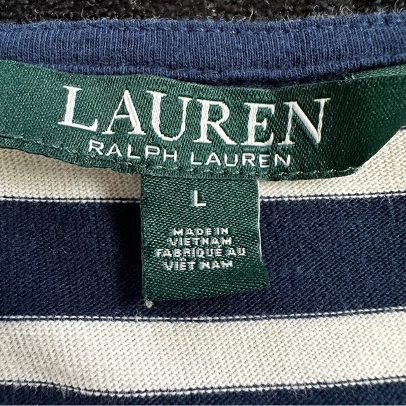Size Large RALPH LAUREN NAVY BLUE STRIPED OFF-SHOULDER DRESS Summer Coastal - Picture 2 of 9